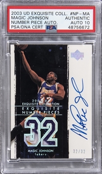 2003-04 UD "Exquisite Collection" Number Pieces Autographs #MA Magic Johnson Signed Game Used Patch Card (#32/32) – PSA Authentic, PSA/DNA 10